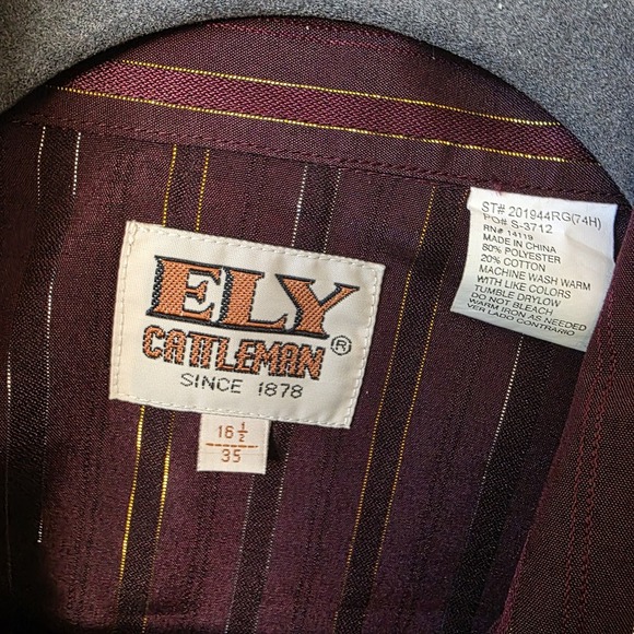 Ely Cattleman Shirt Men's 16.5/35 Burgundy Pearl Snap Metallic Striped Western - Picture 4 of 7
